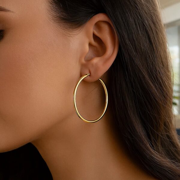 14k Yellow Gold Polished Hoop Earrings (3x50mm) - alternate view 4