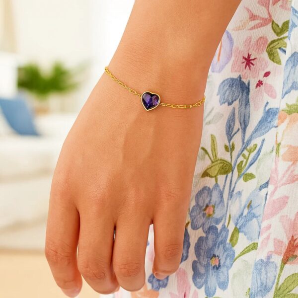 14K Yellow Gold Amethyst Heart Bracelet (1.50 mm) - alternate view 3