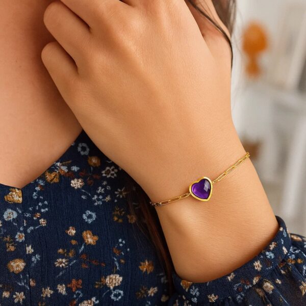 14K Yellow Gold Amethyst Heart Bracelet (1.50 mm) - alternate view 4