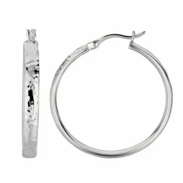 Sterling Silver Hammered Style Hoop Earrings with Rhodium Plating (4x30mm)