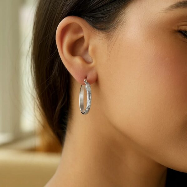 Sterling Silver Hammered Style Hoop Earrings with Rhodium Plating (4x30mm) - alternate view 2