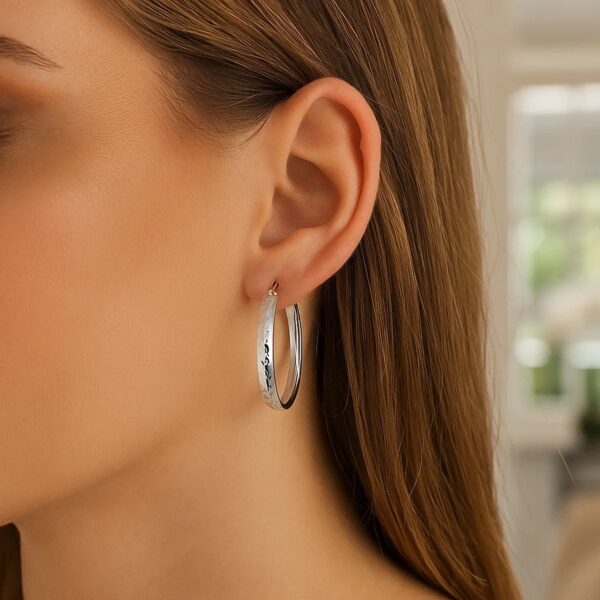 Sterling Silver Hammered Style Hoop Earrings with Rhodium Plating (4x30mm) - alternate view 3