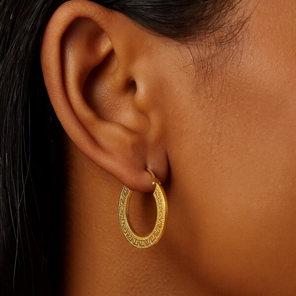 14k Yellow Gold Greek Key Medium Hoop Earrings with Flat Sides - alternate view 2