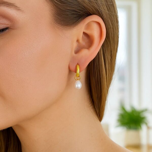 14k Yellow Gold Small Hoop Earrings with Pearls - alternate view 2