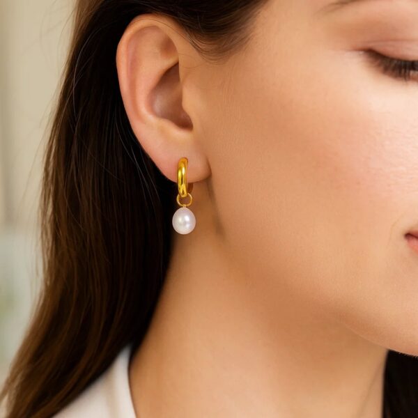 14k Yellow Gold Small Hoop Earrings with Pearls - alternate view 3