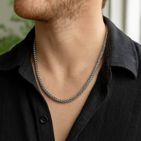 Oxidized Sterling Silver Wheat Style Chain Men's Necklace - alternate view 2