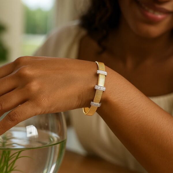 14K Yellow Gold Diamond Station Omega Cuff Bangle - alternate view 3