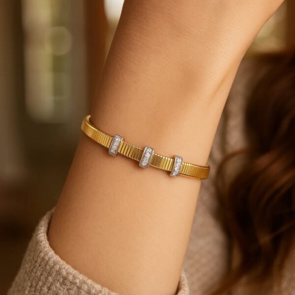 14K Yellow Gold Diamond Station Omega Cuff Bangle - alternate view 4