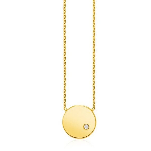 14k Yellow Gold Necklace with Polished Round Pendant with Diamond - alternate view 2