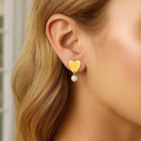 Heart and Pearl Drop Stud Earrings in 14K Yellow Gold - alternate view 2