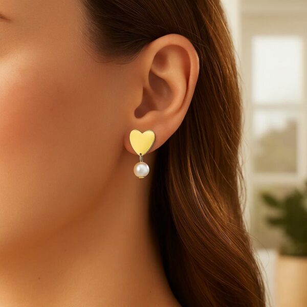 Heart and Pearl Drop Stud Earrings in 14K Yellow Gold - alternate view 3