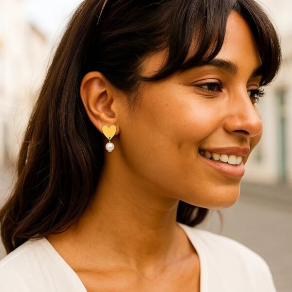 Heart and Pearl Drop Stud Earrings in 14K Yellow Gold - alternate view 5