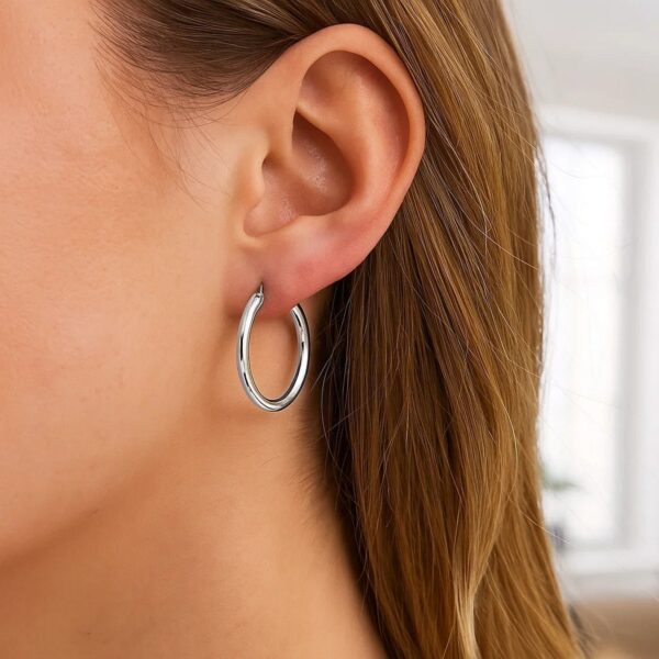 10k White Gold Polished Hoop Earrings (3x25mm) - alternate view 3