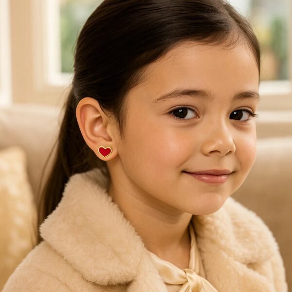 14k Yellow Gold and Enamel Red Heart Stud Earrings - alternate view 2