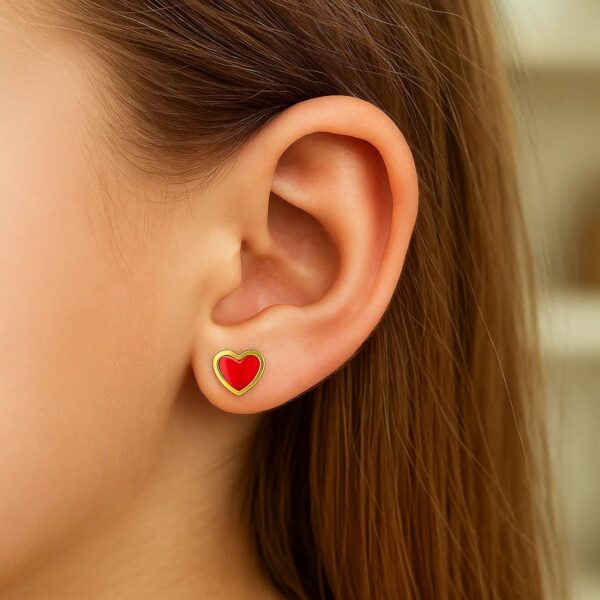 14k Yellow Gold and Enamel Red Heart Stud Earrings - alternate view 4