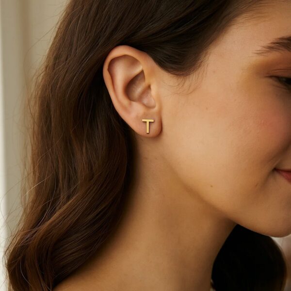 14K Yellow Gold Yours Truly Initial T Stud Earrings - alternate view 3