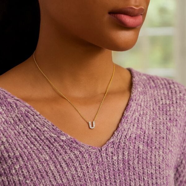 14K Yellow Gold Mini Diamond U Initial Pendant Necklace - alternate view 4