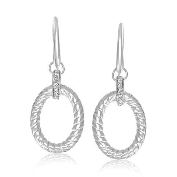 Sterling Silver Rhodium Finished Diamond Embellished Oval Rope Drop Earrings - J