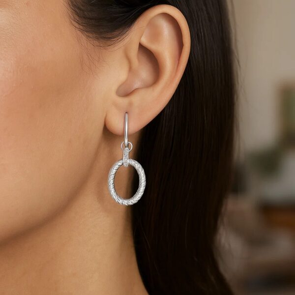 Sterling Silver Rhodium Finished Diamond Embellished Oval Rope Drop Earrings - J - alternate view 2
