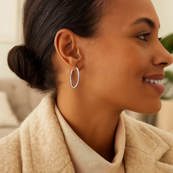 Sterling Silver Rhodium Plated Thin and Polished Hoop Motif Earrings (2x25mm) - alternate view 3
