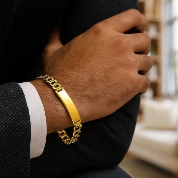 14k Two Tone Gold Mens Curb Chain ID Bracelet with White Pave (8.30 mm) - Two-Tone Gold - alternate view 3