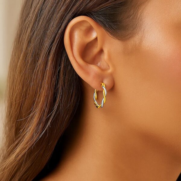 Two-Tone Twisted Wire Round Hoop Earrings in 10k Yellow and White Gold(3x15mm) - Two-Tone Gold - alternate view 2