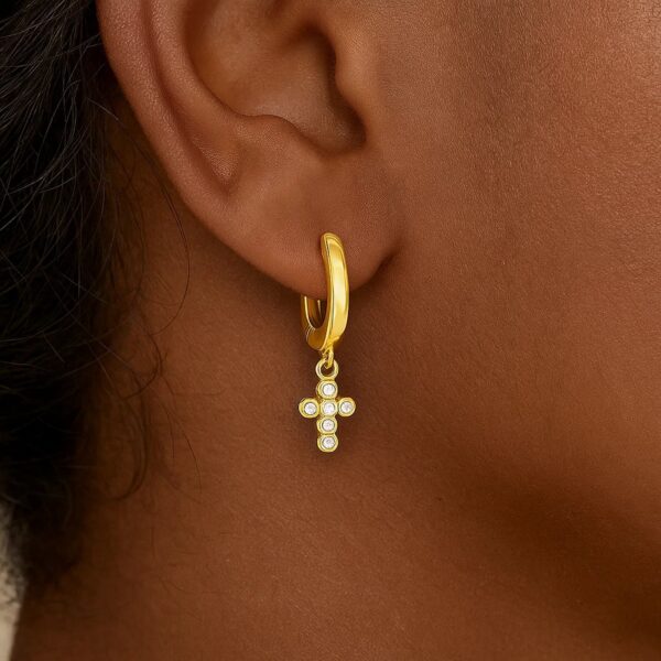 14K Yellow Gold Petite Diamond Cross Earrings - alternate view 2