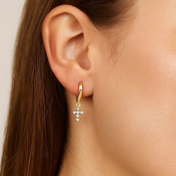 14K Yellow Gold Petite Diamond Cross Earrings - alternate view 3