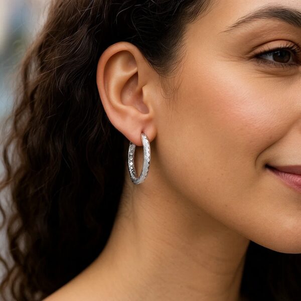 Sterling Silver Faceted Motif Large Hoop Earrings with Rhodium Plating(4x25mm) - alternate view 2