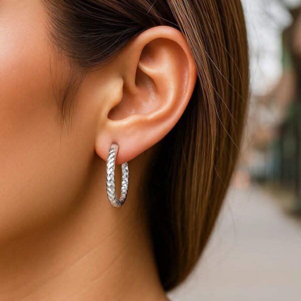 Sterling Silver Faceted Motif Large Hoop Earrings with Rhodium Plating(4x25mm) - alternate view 3