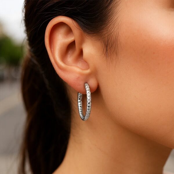 Sterling Silver Faceted Motif Large Hoop Earrings with Rhodium Plating(4x25mm) - alternate view 4