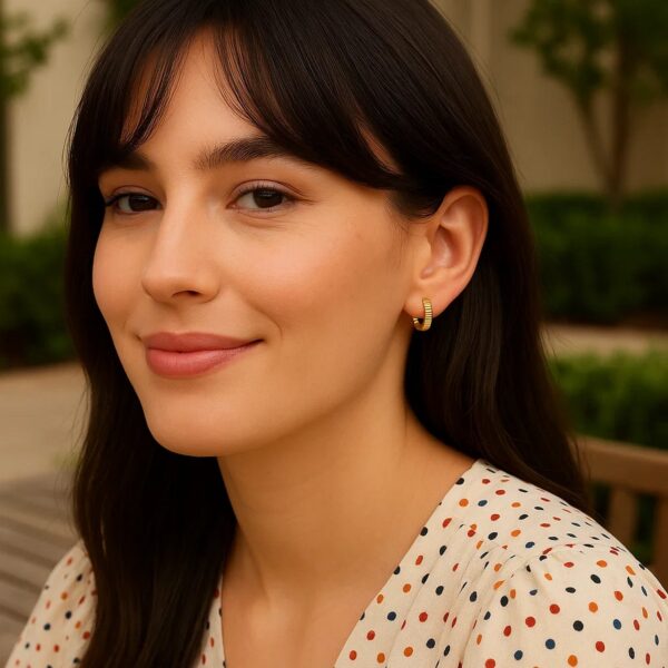 14k Yellow Gold Petite Round Hoop Earrings with Straight Texture - alternate view 2