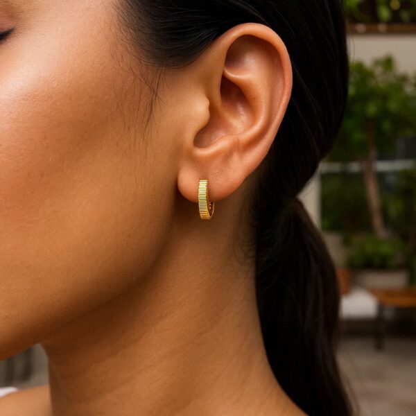 14k Yellow Gold Petite Round Hoop Earrings with Straight Texture - alternate view 4