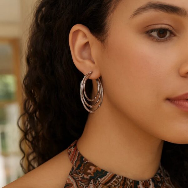 Sterling Silver Rhodium Plated Multi Row Bamboo Hoop Earrings - alternate view 2
