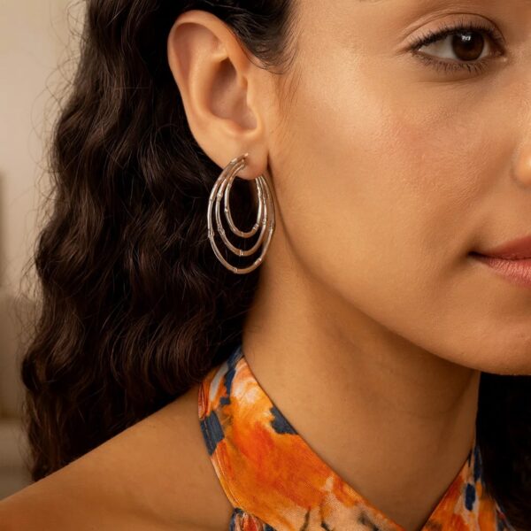 Sterling Silver Rhodium Plated Multi Row Bamboo Hoop Earrings - alternate view 3