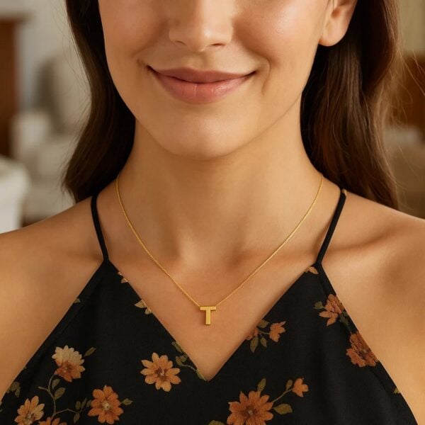 14K Yellow Gold Yours Truly Block Letter Initial T Necklace - alternate view 3