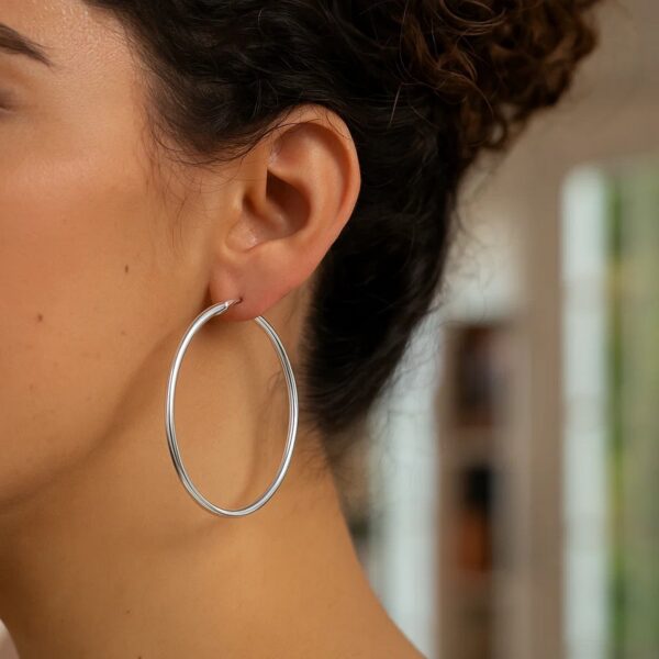Rhodium Plated Hoop Earrings in Sterling Silver (3x60mm) - alternate view 4