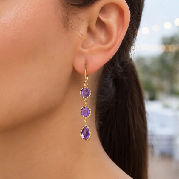 Drop Earrings with Round and Pear-Shaped Amethysts in 14k Yellow Gold - alternate view 3
