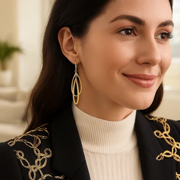 14k Yellow Gold Earrings with Shiny and Textured Teardrop Dangles - alternate view 2
