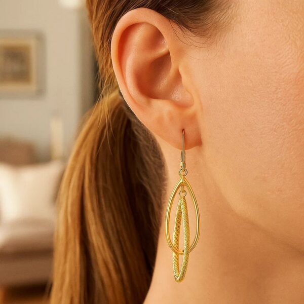 14k Yellow Gold Earrings with Shiny and Textured Teardrop Dangles - alternate view 3