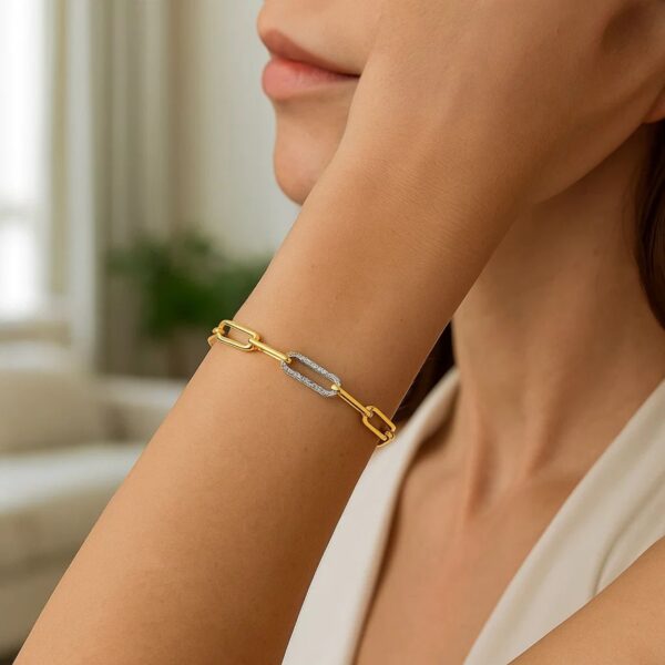 14k Yellow Gold inch Paperclip Chain Bracelet with Three Diamond Links (2.00 mm) - alternate view 2