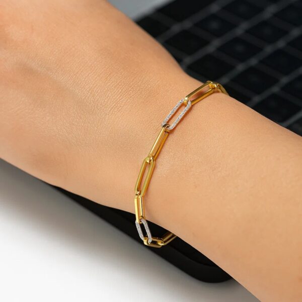 14k Yellow Gold inch Paperclip Chain Bracelet with Three Diamond Links (2.00 mm) - alternate view 4