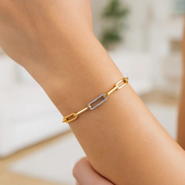 14k Yellow Gold inch Paperclip Chain Bracelet with Three Diamond Links (2.00 mm) - alternate view 5