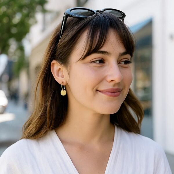 14k Yellow Gold Huggie Style Hoop Earrings with Circle Drops - alternate view 3