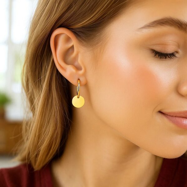 14k Yellow Gold Huggie Style Hoop Earrings with Circle Drops - alternate view 4