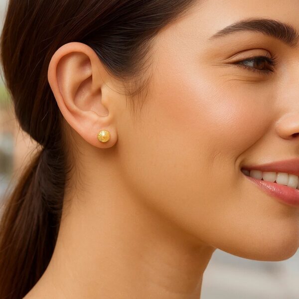 14K Yellow Gold Ball Earrings with Linear Texture(5mm) - alternate view 3