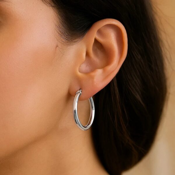 Sterling Silver Polished Hoop Motif Earrings with Rhodium Plating (3x20mm) - alternate view 4