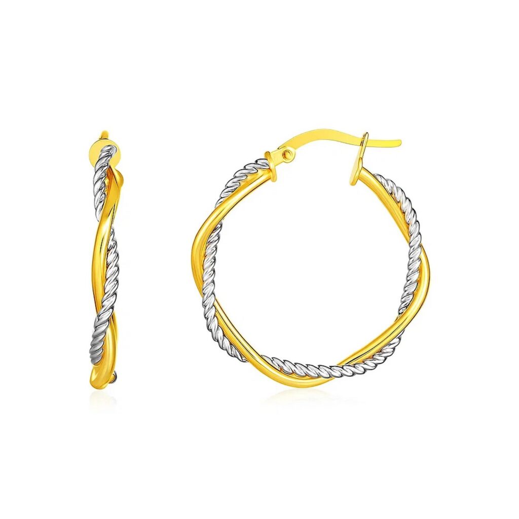 14k Yellow and White Gold Two Part Textured Twisted Round Hoop Earrings(3x23mm) - Two-Tone Gold