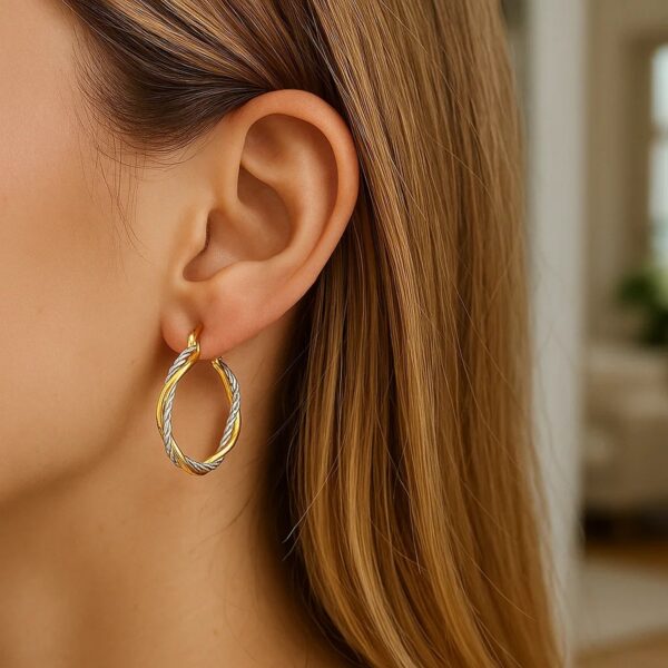 14k Yellow and White Gold Two Part Textured Twisted Round Hoop Earrings(3x23mm) - Two-Tone Gold - alternate view 3