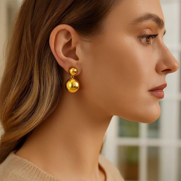 Sterling Silver Rhodium Plated Puffed Round Double Button Drop Earrings - alternate view 2